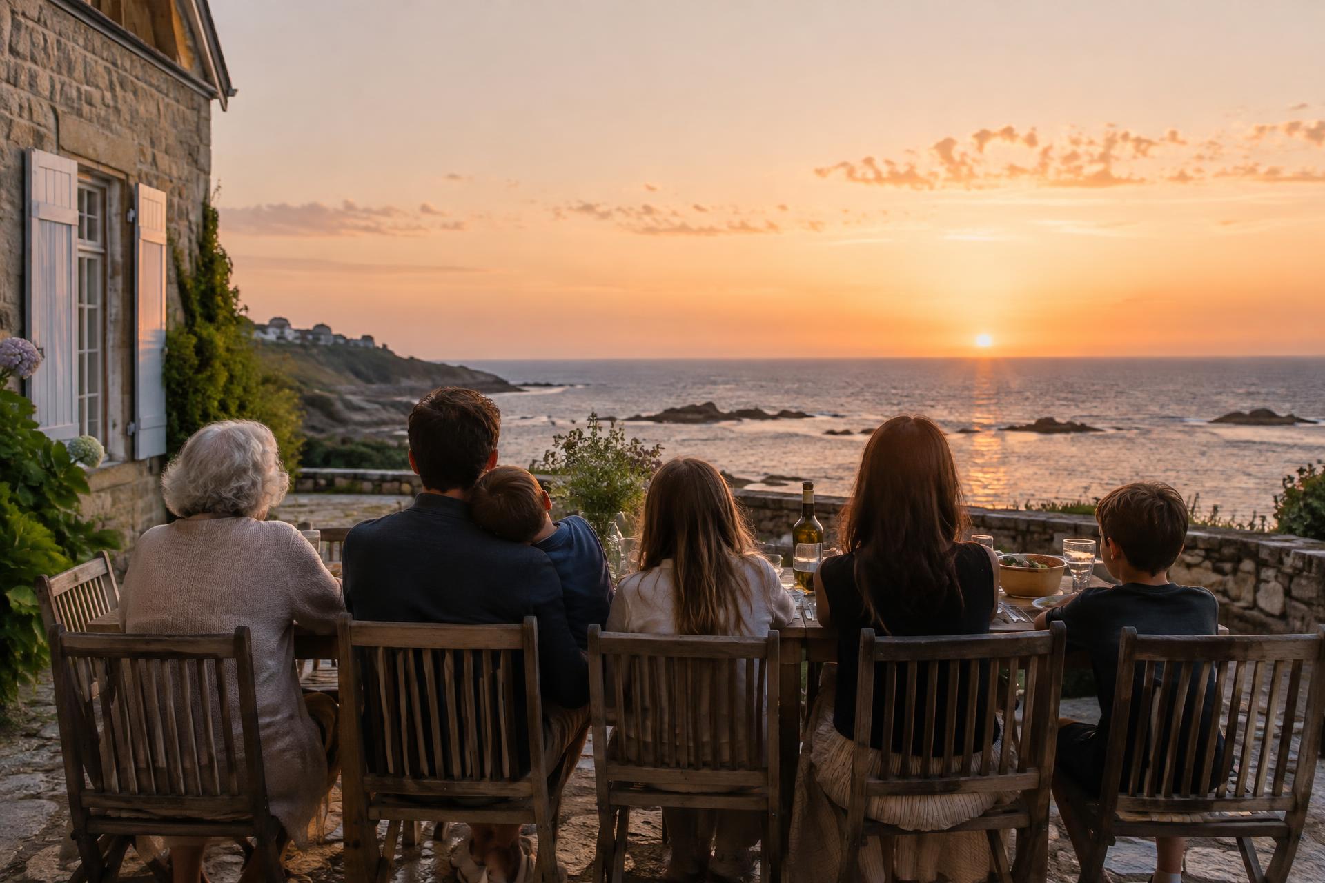 Une famille dîne en terrasse face à la mer au coucher du soleil
