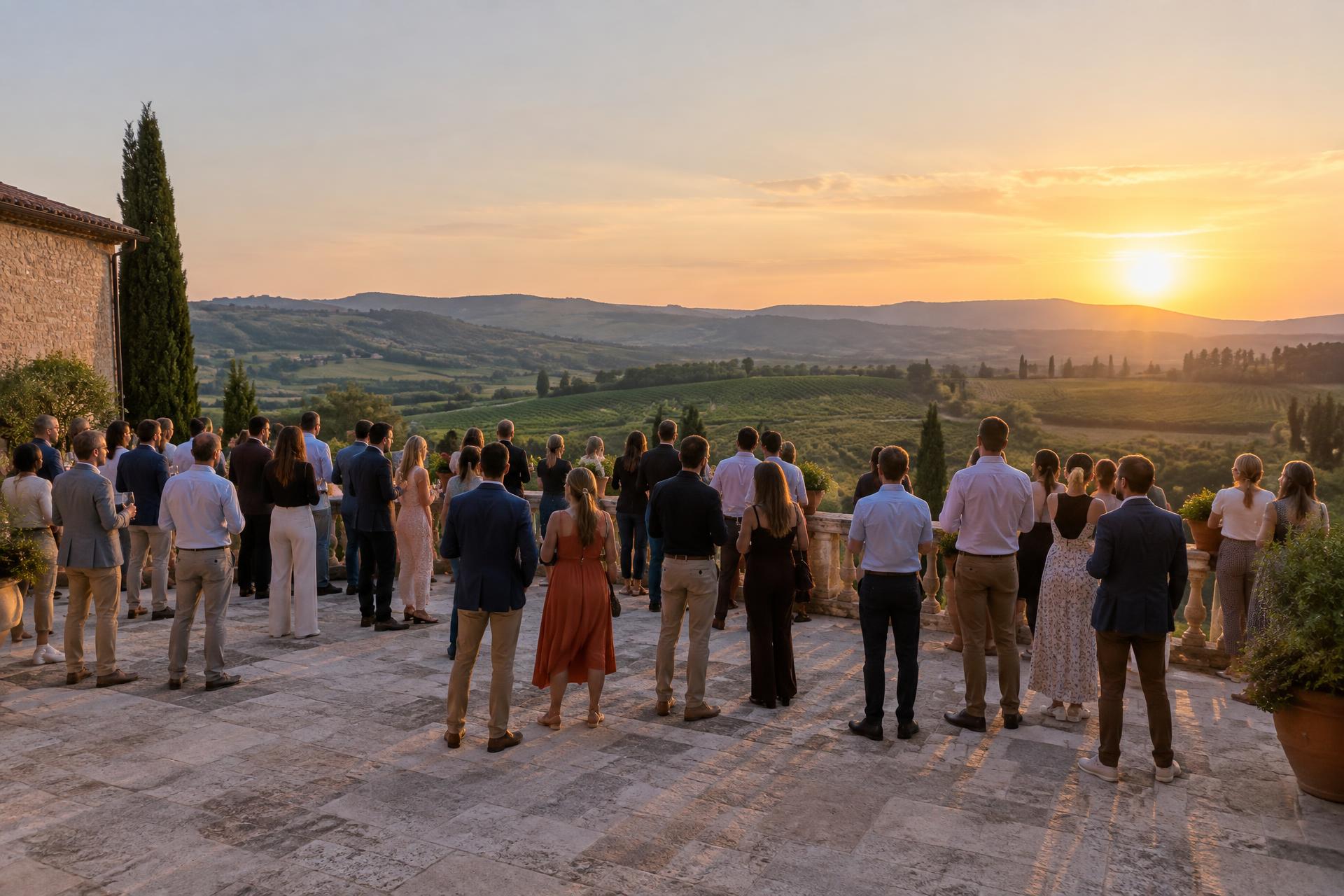 Six collègues discutent autour d'une table en terrasse face aux vignes