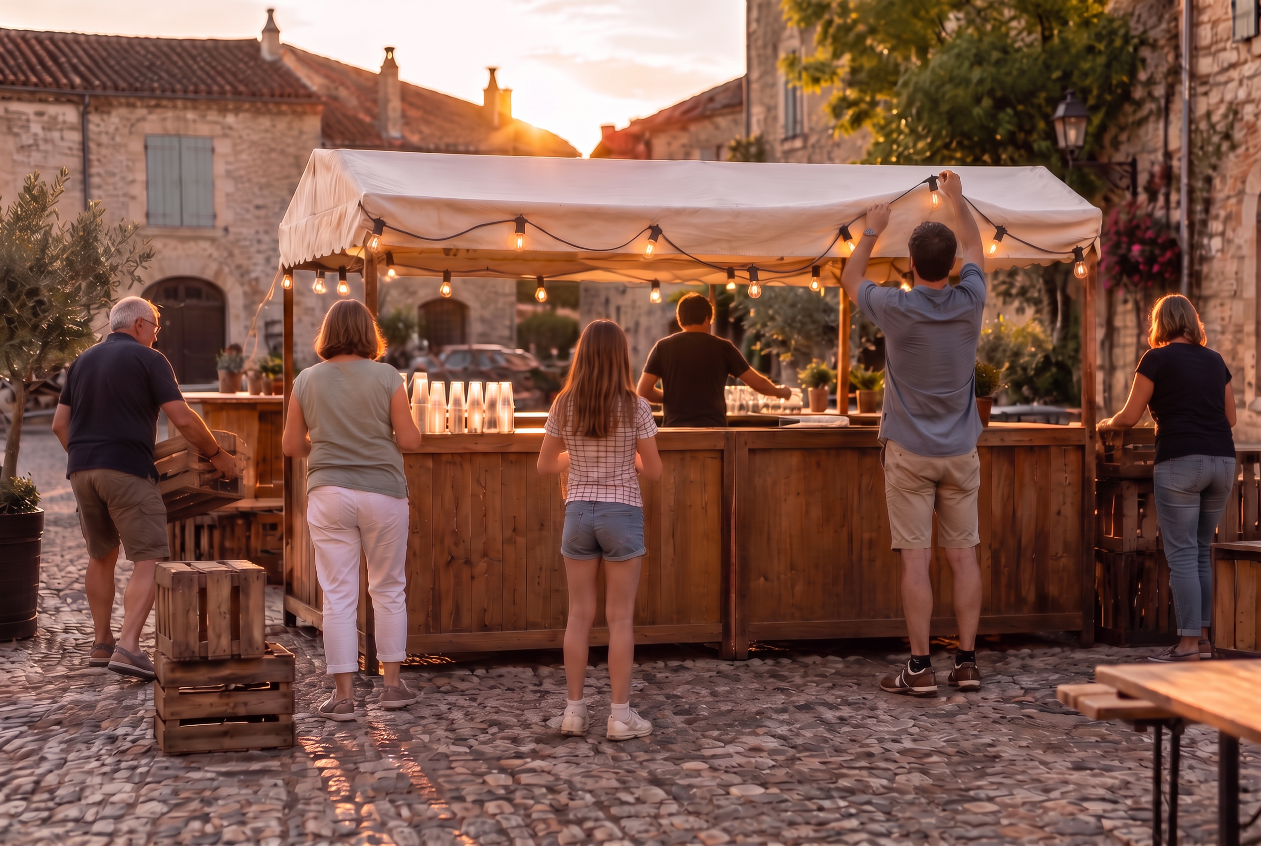 Trois bénévoles déplient une table sur une place de village au coucher du soleil