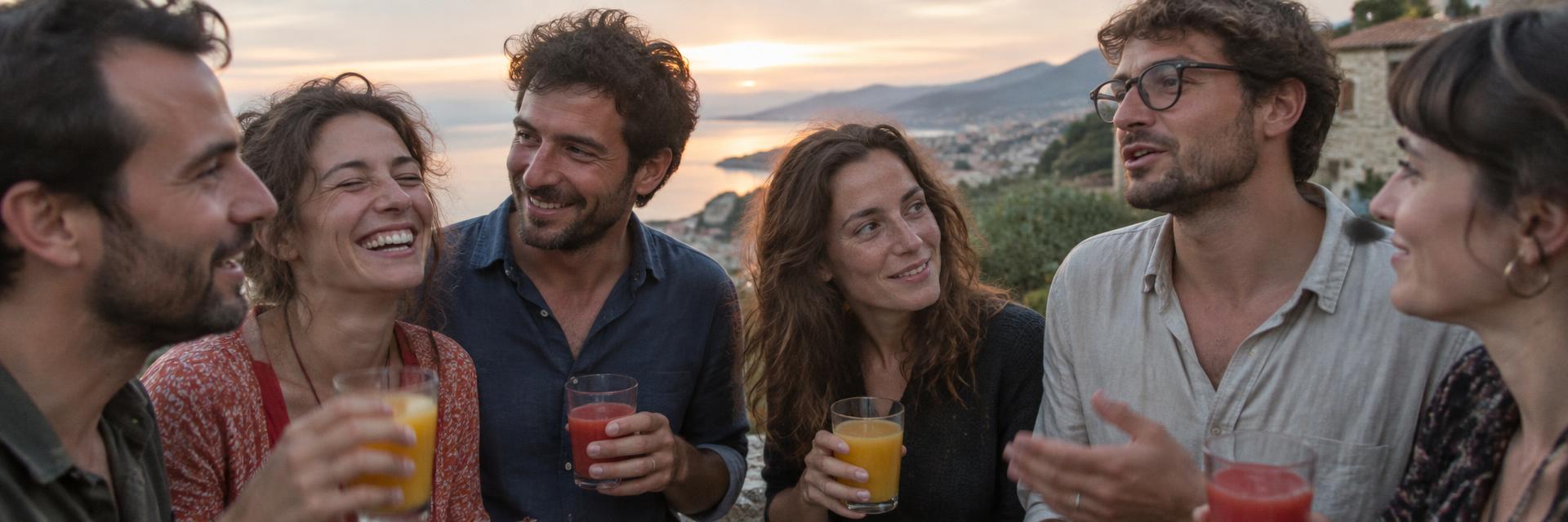 Un groupe d'amis souriants réunis en terrasse