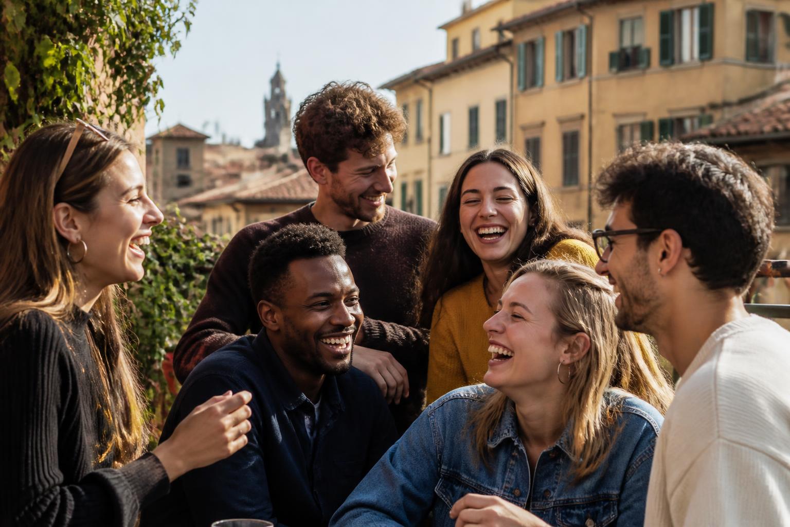 Un groupe d'amis souriants réunis en terrasse